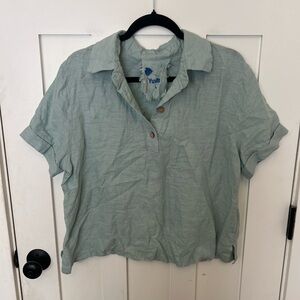 Yuvita 100% Linen Collared Shirt Sleeve Sea-foam Green Top Size Large Boxy Fit